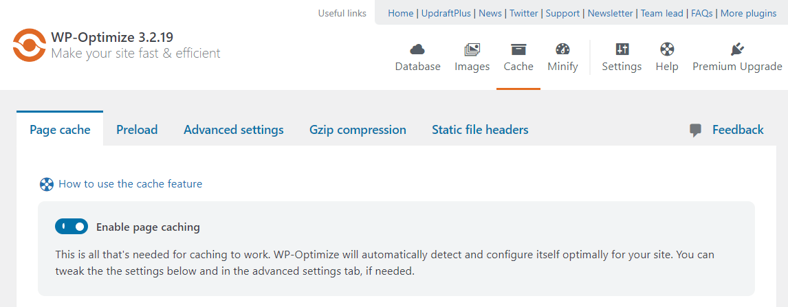 Activation de la mise en cache dans notre comparaison WP Optimize vs WP Fastest Cache.