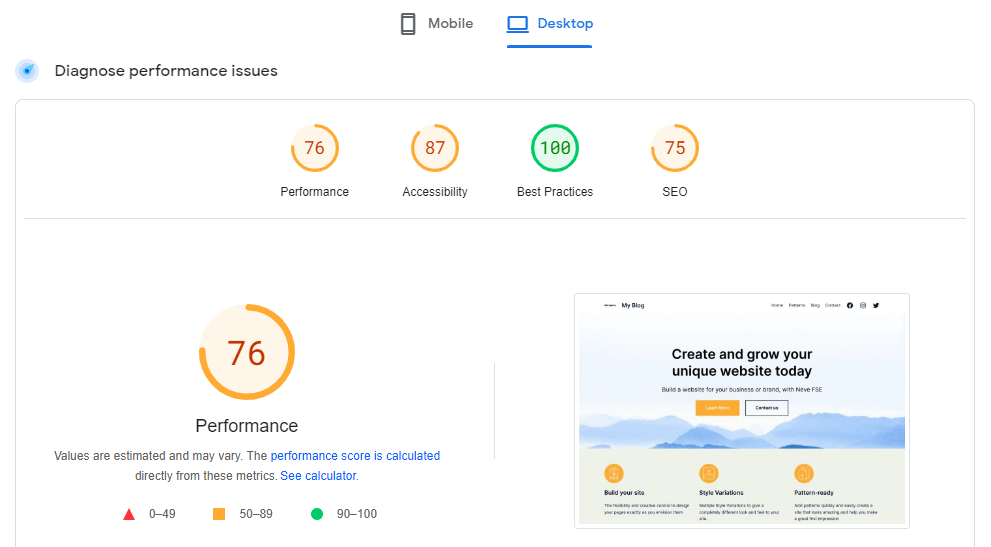 Resultados de desempenho com WP Optimize.