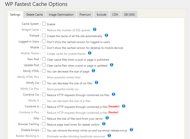 Comparación de opciones entre WP Optimize y WP Fastest Cache.