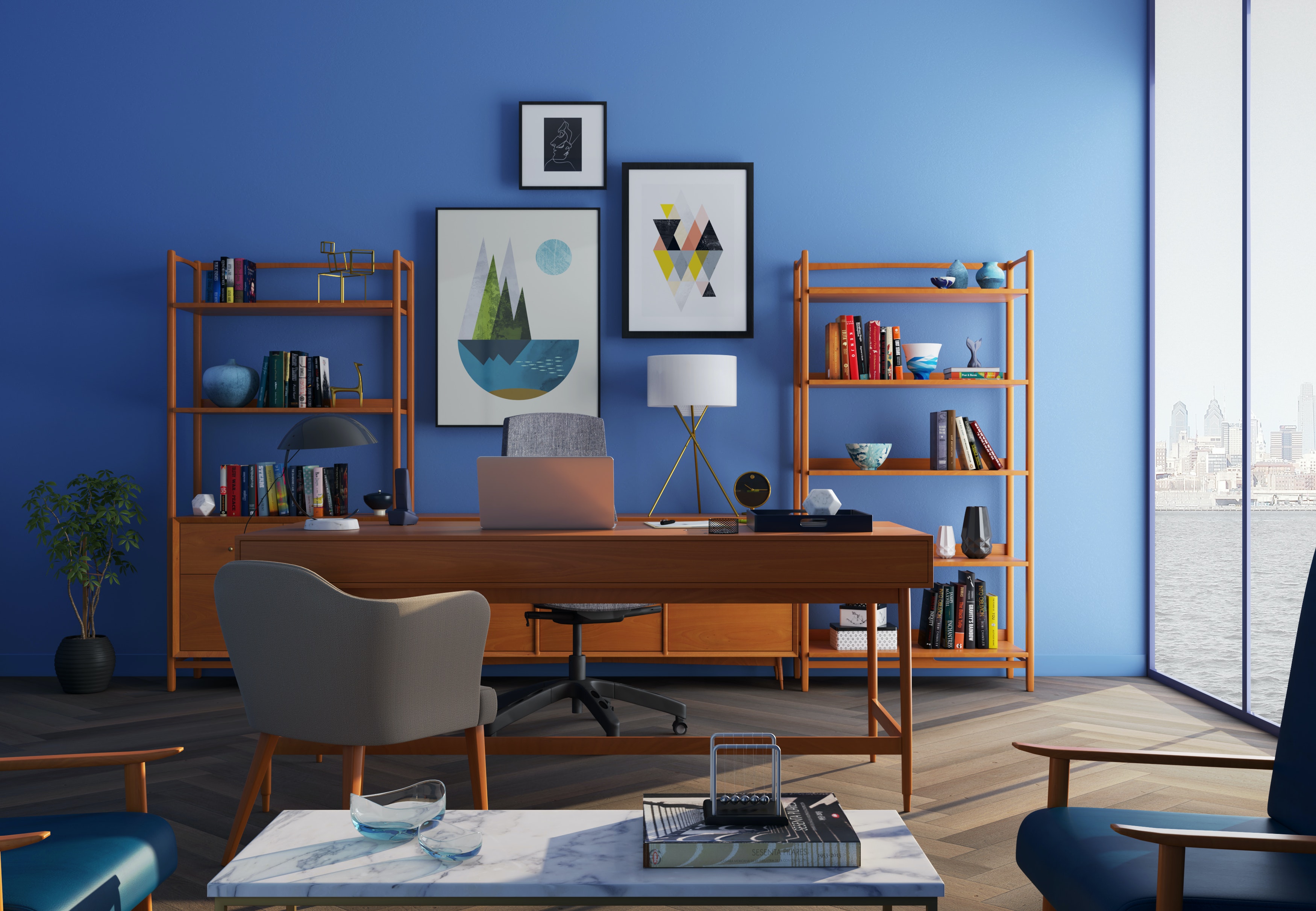 arredamento per l'home office con pareti blu