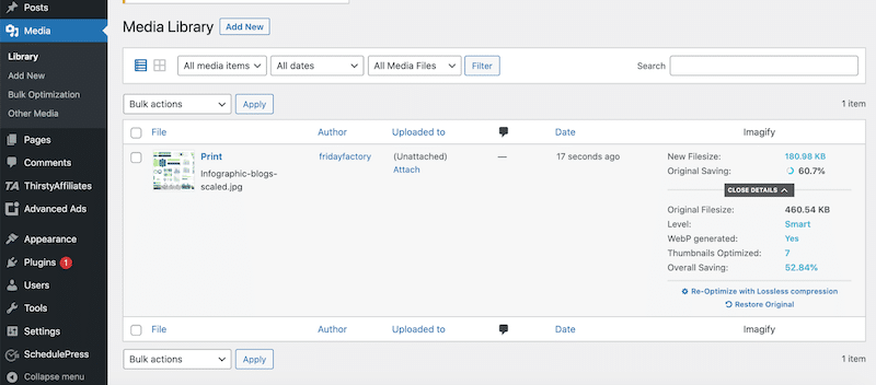 Optimierung mit Imagify: Komprimierung und WebP-Konvertierung – Quelle: Imagify