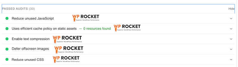 WP Rocket corrige les avertissements de phare – Source : PageSpeed ​​Insights