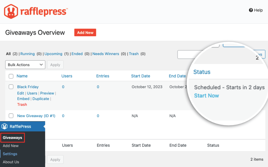 Página de sorteos de RafflePress