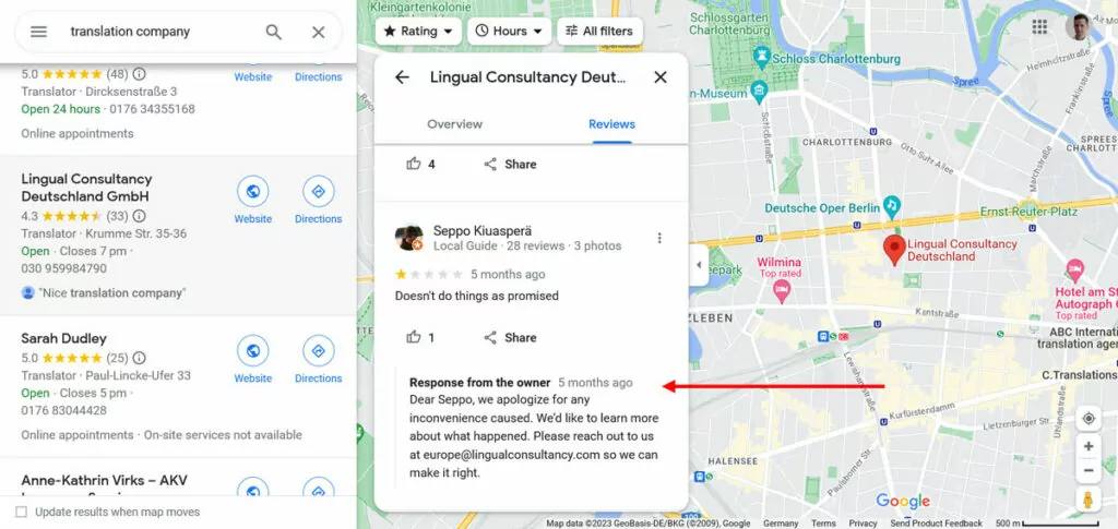 risposta del traduttore all'esempio di recensione negativa di Google Maps