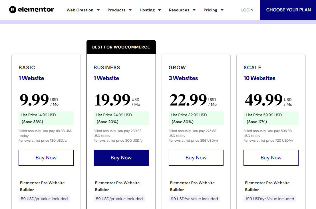 Wybierz plan hostingowy Elementor i kliknij przycisk Kup teraz