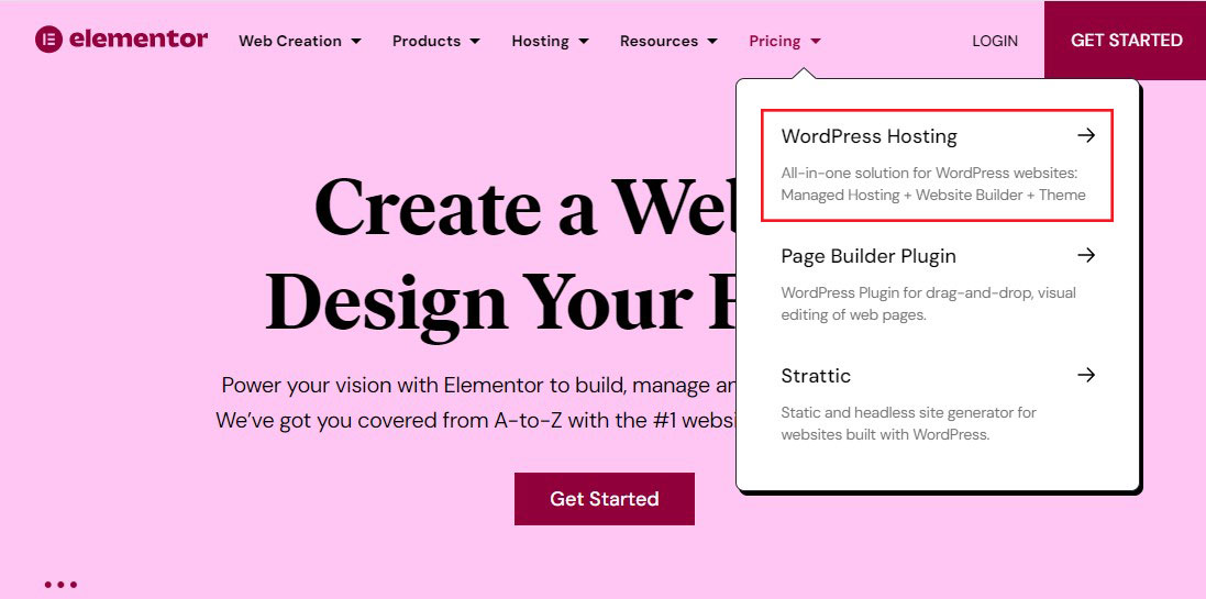 가격 메뉴의 Elementor WordPress 호스팅 옵션