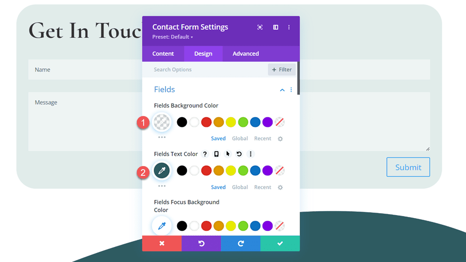 Divi include più indirizzi e-mail nel colore del testo di sfondo del campo del modulo del modulo di contatto