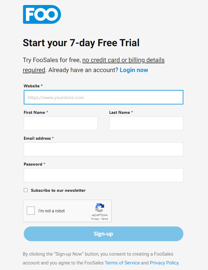 Страница регистрации FooSales для 7-дневной бесплатной пробной версии