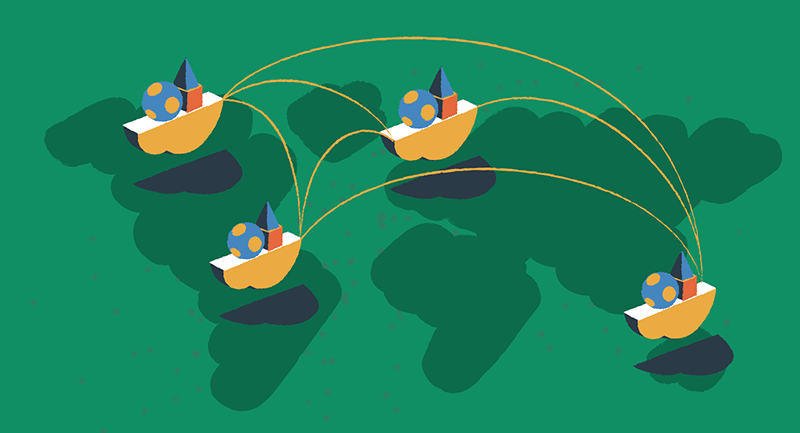 Plusieurs nuages ​​sont positionnés autour d’une carte verte du monde.