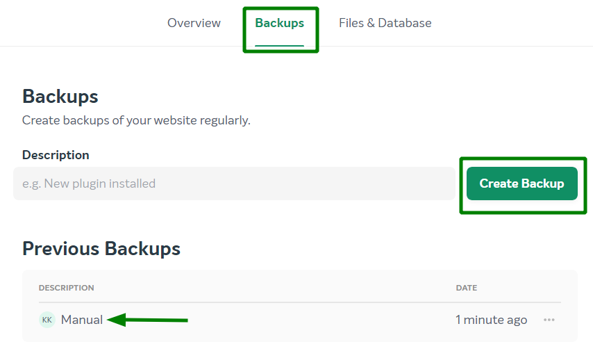 Un tablou de bord Backups de la EasyWP