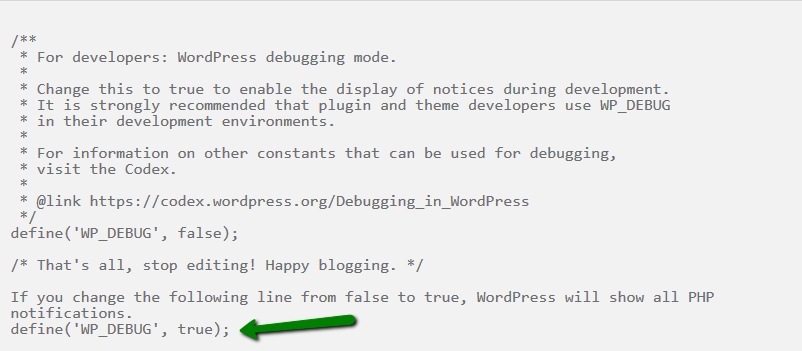 Um exemplo de código para usar o modo de depuração do WordPress.