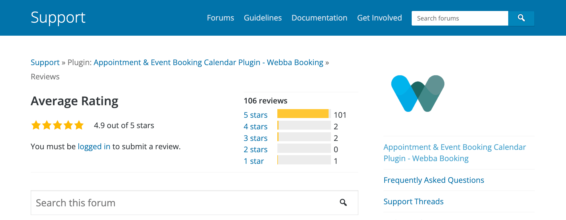 Recenzje Webba Booking w repozytorium wtyczek WordPress.