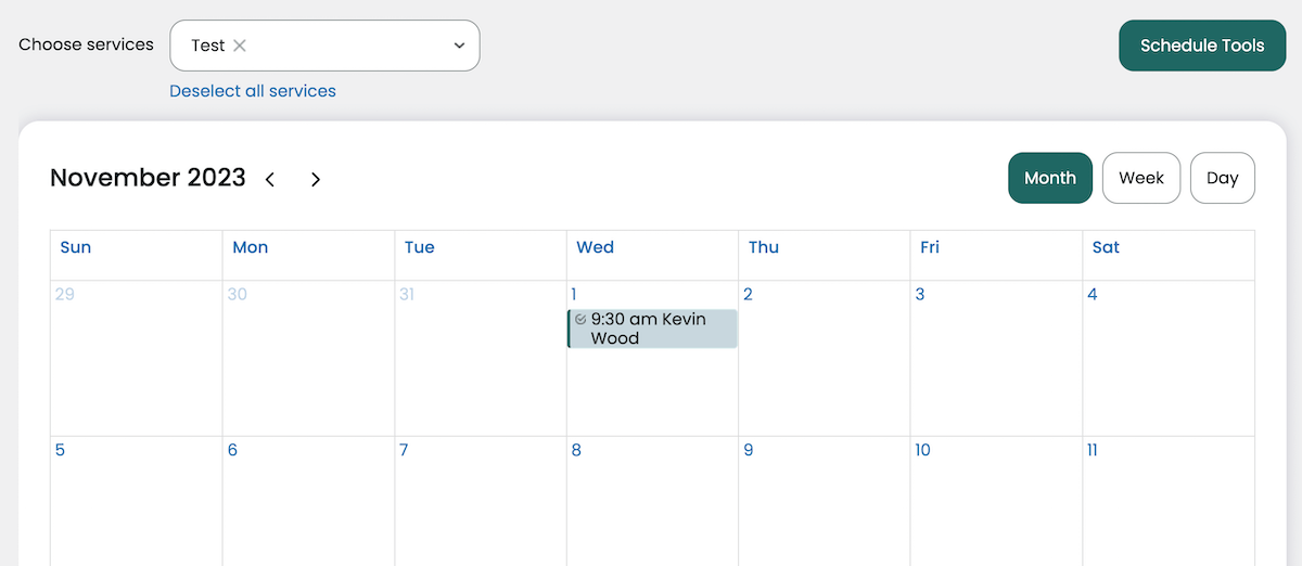 Calendário de compromissos do Webba Booking