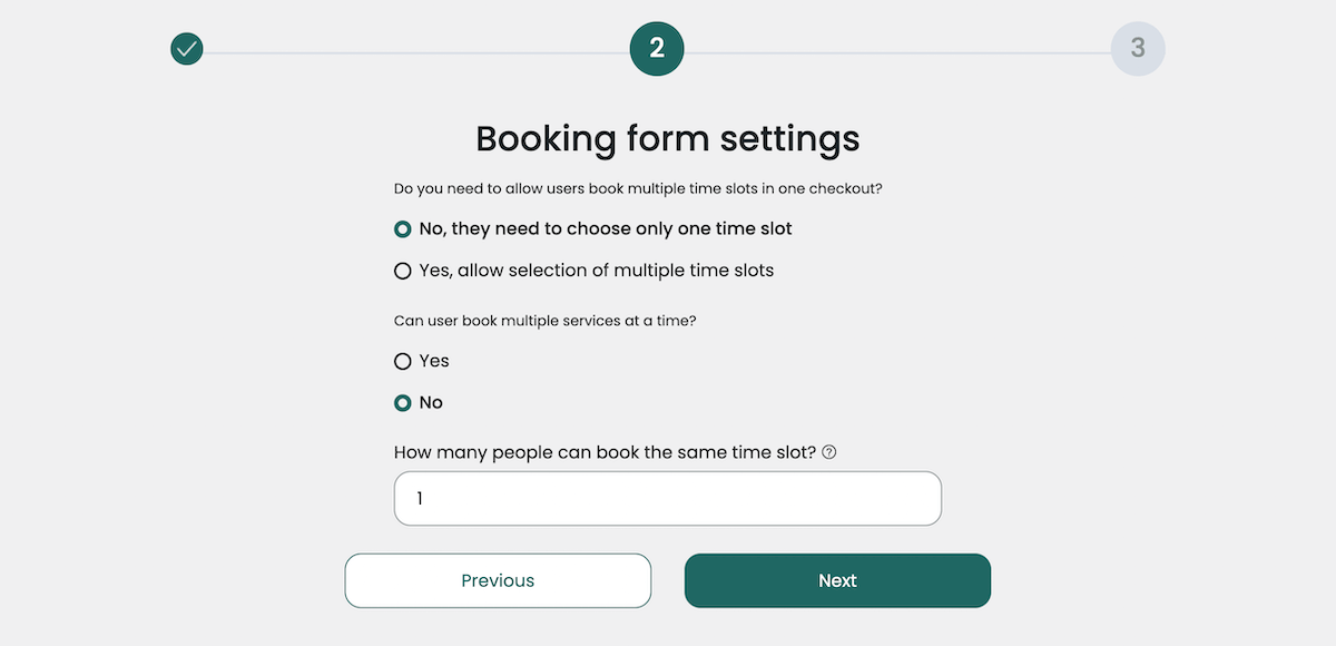 Asistente de configuración de Webba Booking, paso dos