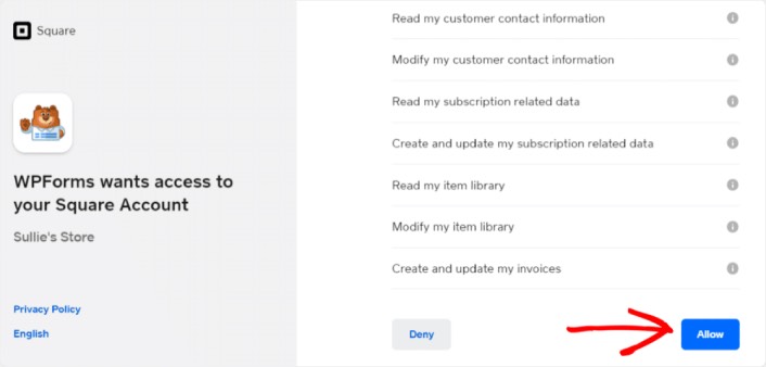 อนุญาตให้ WPForms เชื่อมต่อกับ Square