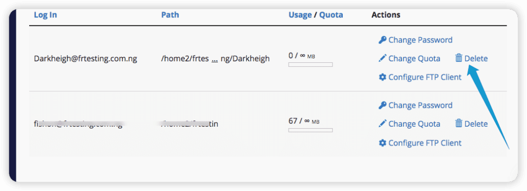刪除 FTP 帳戶