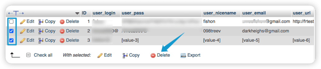 удалить пользователей phpmyadmin - WordPress
