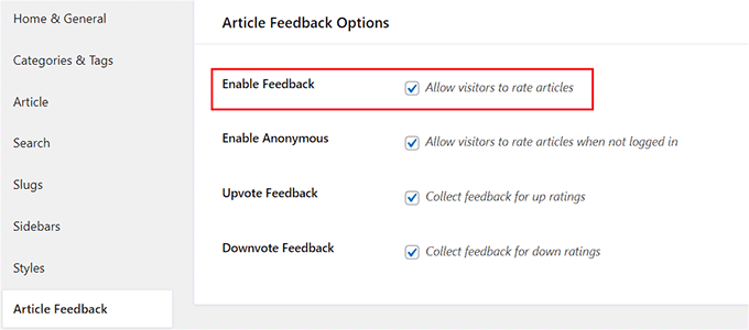 Enable user feedback for documentation