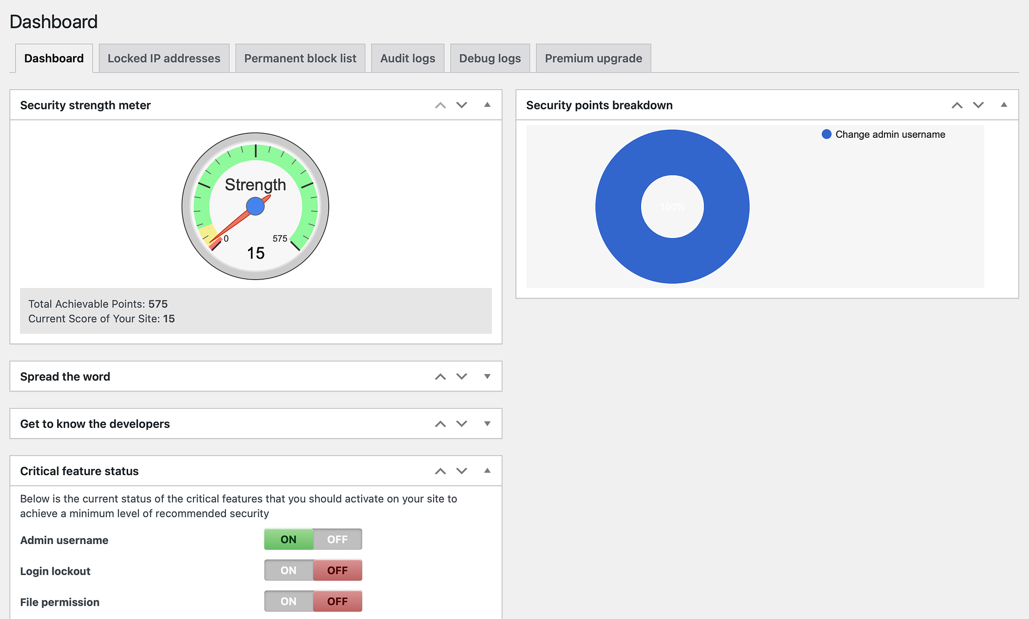 Wordfence vs All-In-One WP Security: Panel kontrolny All-In-One WP Security.