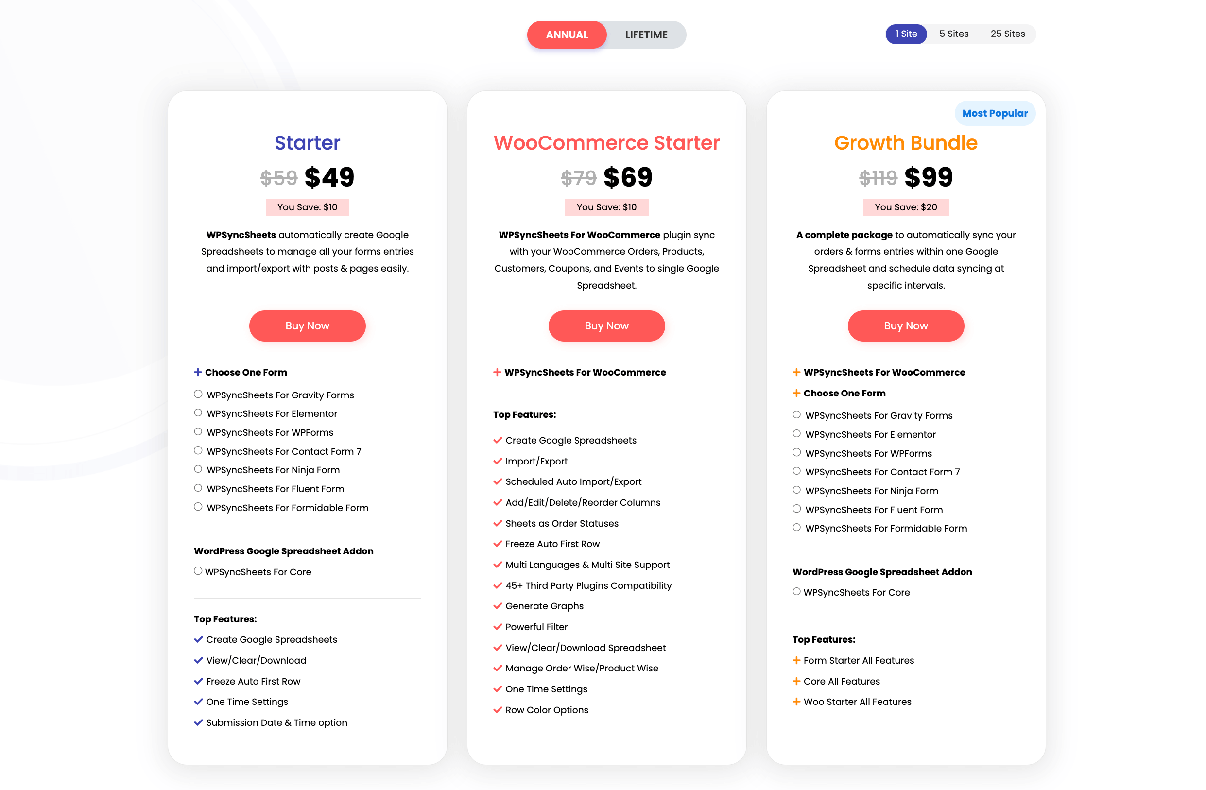 แผนการกำหนดราคา WPSyncSheets สำหรับ WooCommerce