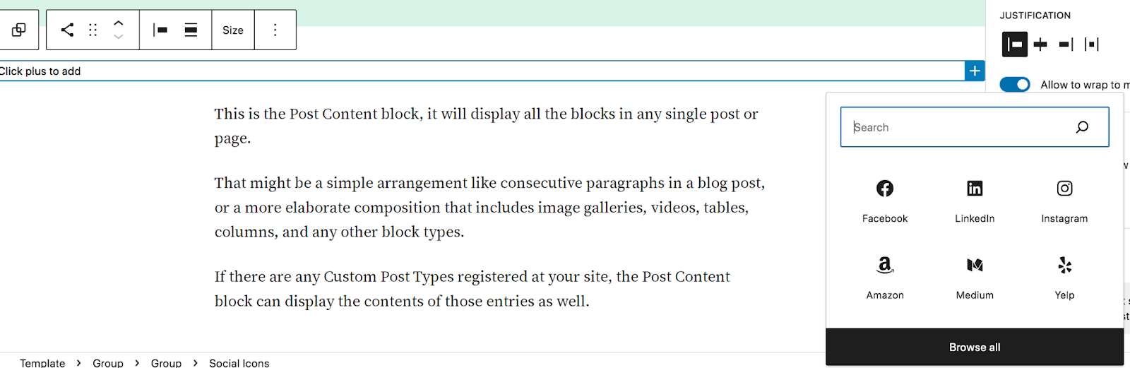 Agregue algunos íconos de redes sociales debajo del título de la publicación del blog: busque el bloque de íconos sociales y arrástrelo directamente debajo del bloque de título.