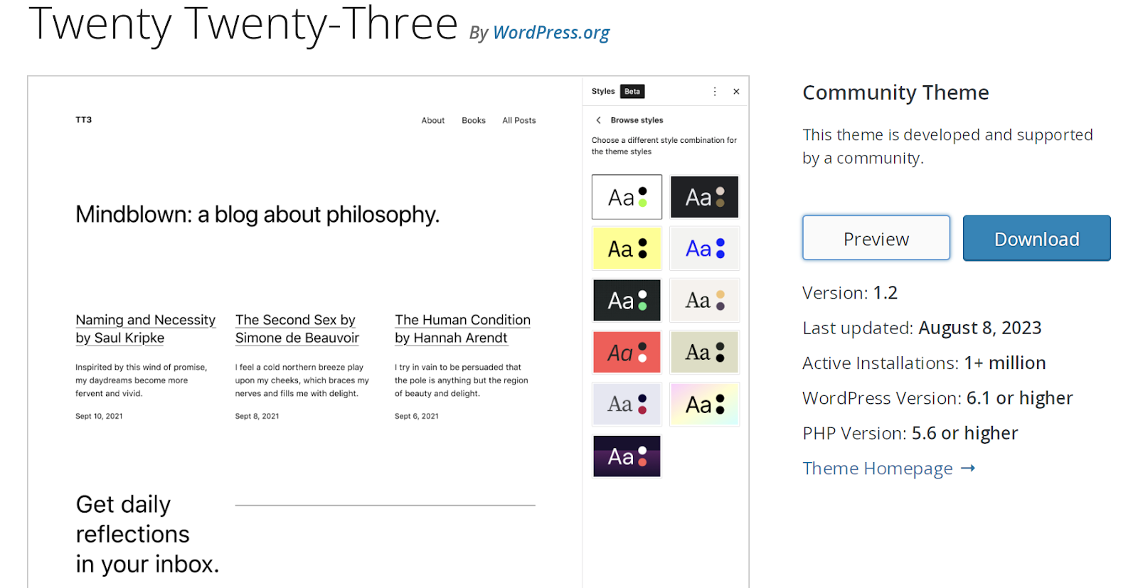 O tema Twenty Twenty-Three é um tema comunitário, o que significa que não só é gratuito, mas também é desenvolvido e suportado pela comunidade WordPress.