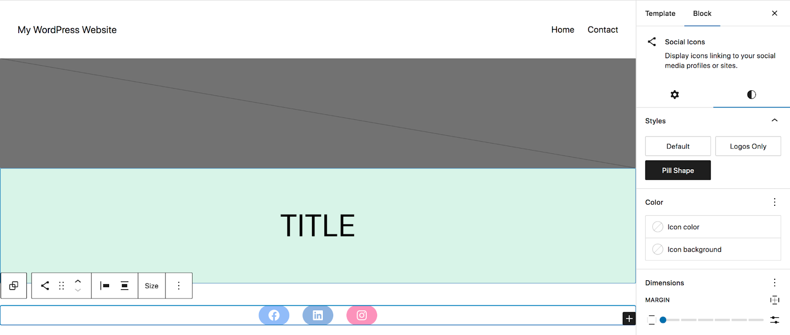 Anda dapat menggunakan toolbar yang muncul di atas blok Ikon Sosial untuk mengubah perataan, memindahkan ikon, dan banyak lagi.