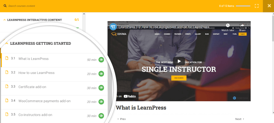 Contenu interactif LearnPress