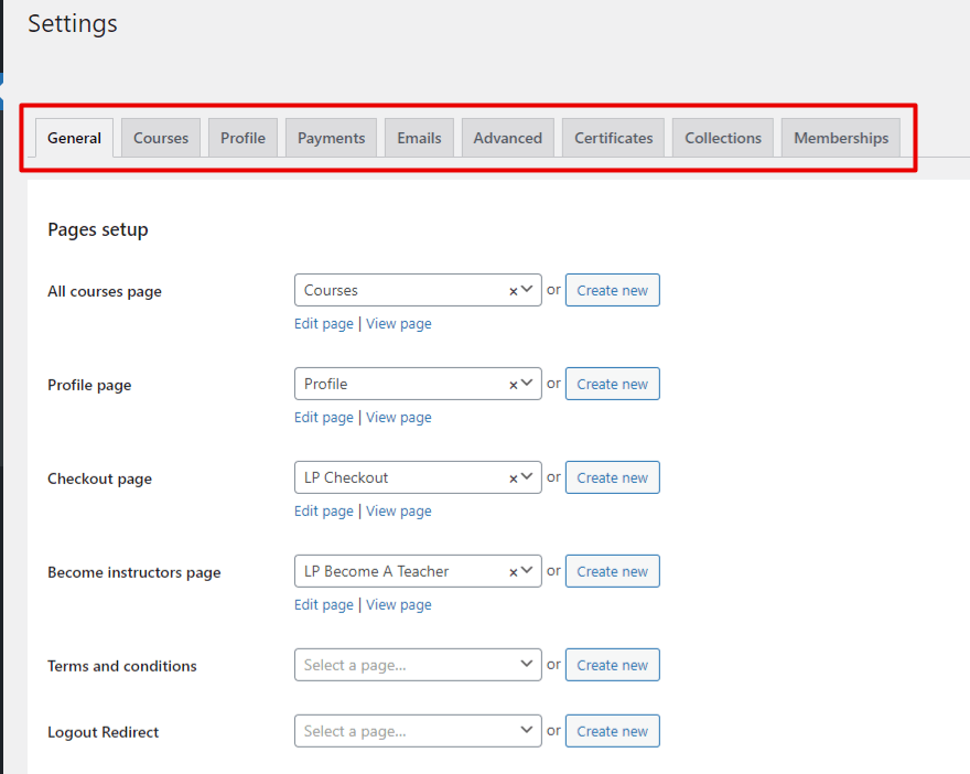 Configurações do LearnPress