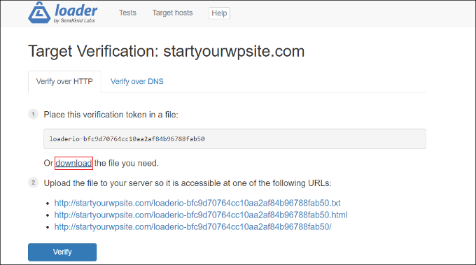 Download target verification token file