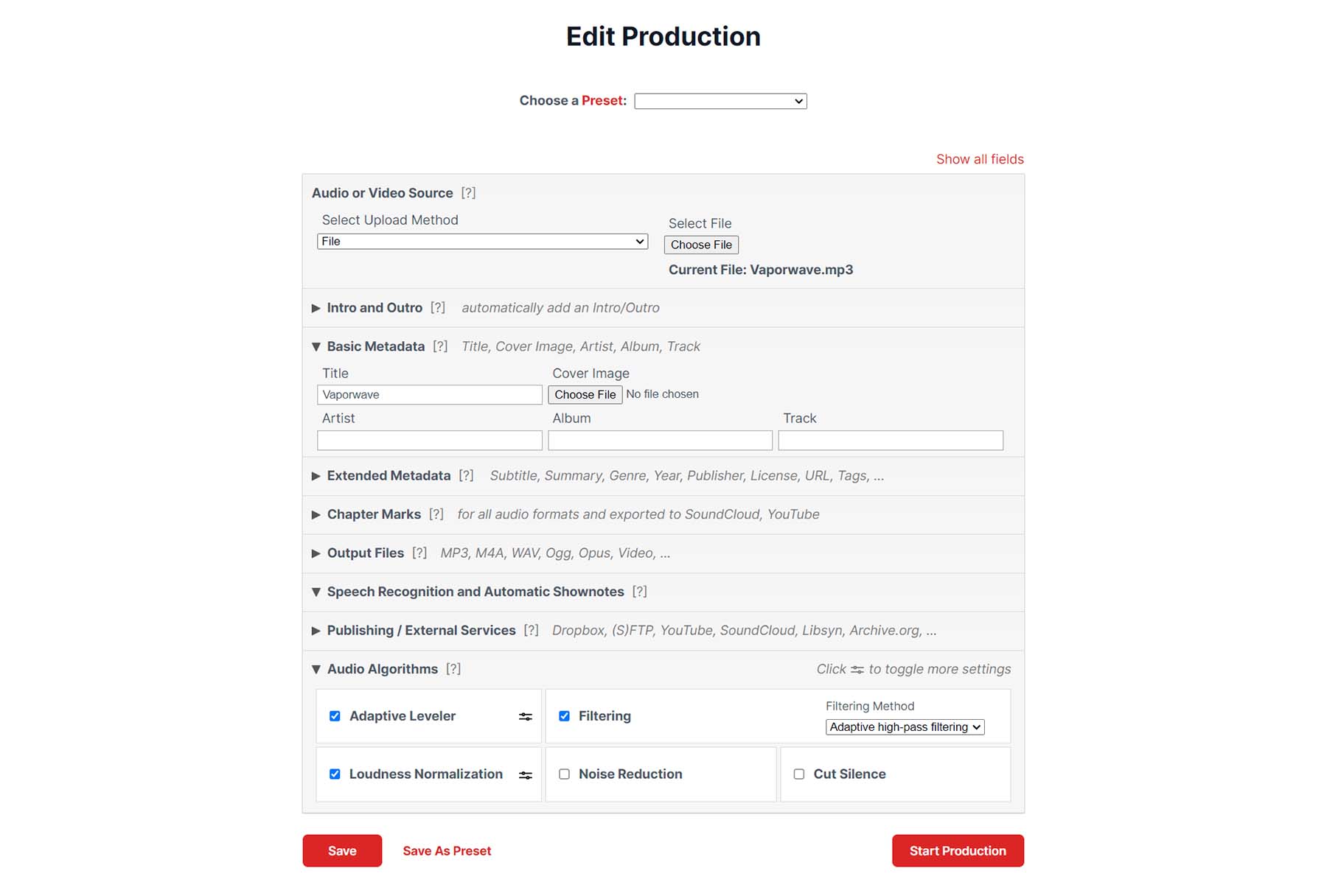 Platforma de editare a Auphonic