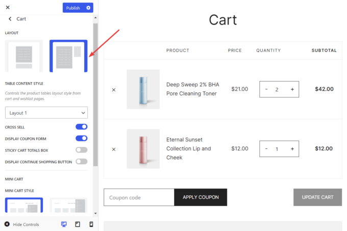 mudança de layout da página do carrinho botiga