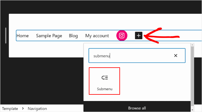 Selecting the Submenu block in Navigation inside WordPress Full Site Editing