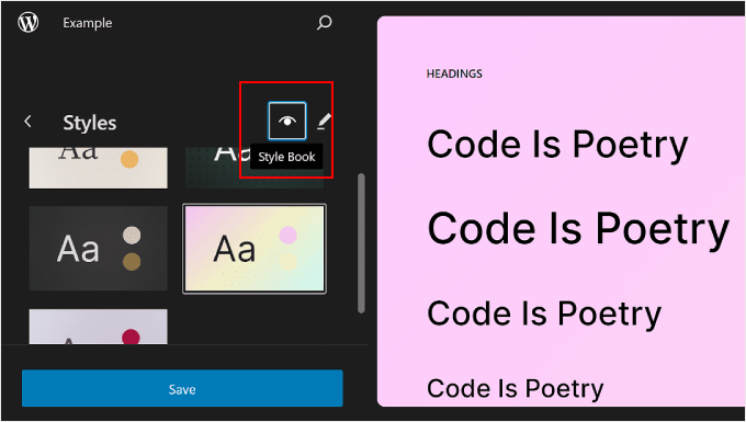 Choosing the Style Book feature in WordPress Full Site Editor