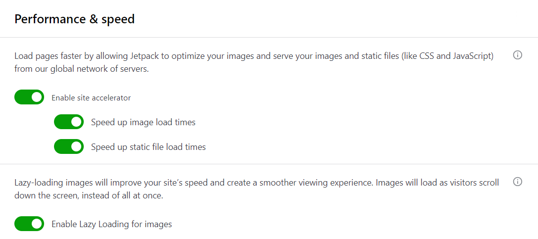 Jetpack Boost รวมถึงการโหลดแบบ Lazy Loading ไปที่ Jetpack → การตั้งค่า → ประสิทธิภาพ และสลับสวิตช์สำหรับเปิดใช้งานการโหลดแบบ Lazy สำหรับรูปภาพ