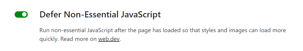 Otra forma eficaz de mejorar la velocidad de su sitio de WordPress es posponer JavaScript no esencial. Simplemente puede habilitar esta configuración en Jetpack Boost.