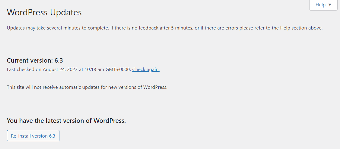 WordPress 定期发布包含增强功能和错误修复的更新。检查您的 WordPress 仪表板，查看是否有可用的新版本，如果有，请更新您的网站。