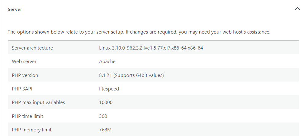 Controlla quale versione di PHP stai utilizzando navigando nella dashboard di WordPress su Strumenti → Salute del sito → Informazioni e selezionando la scheda Server.