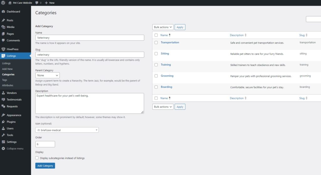 การเพิ่มหมวดหมู่ให้กับเว็บไซต์ดูแลสัตว์เลี้ยง WordPress