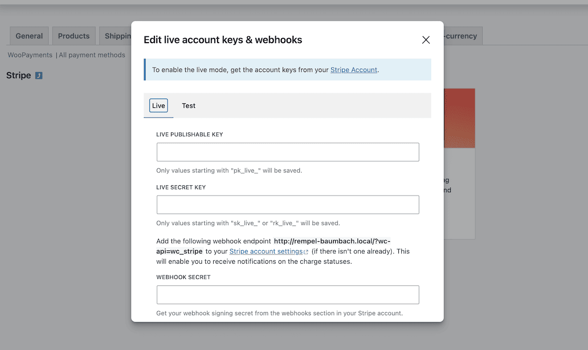 Los campos de clave API para Stripe, dentro del panel de WordPress.