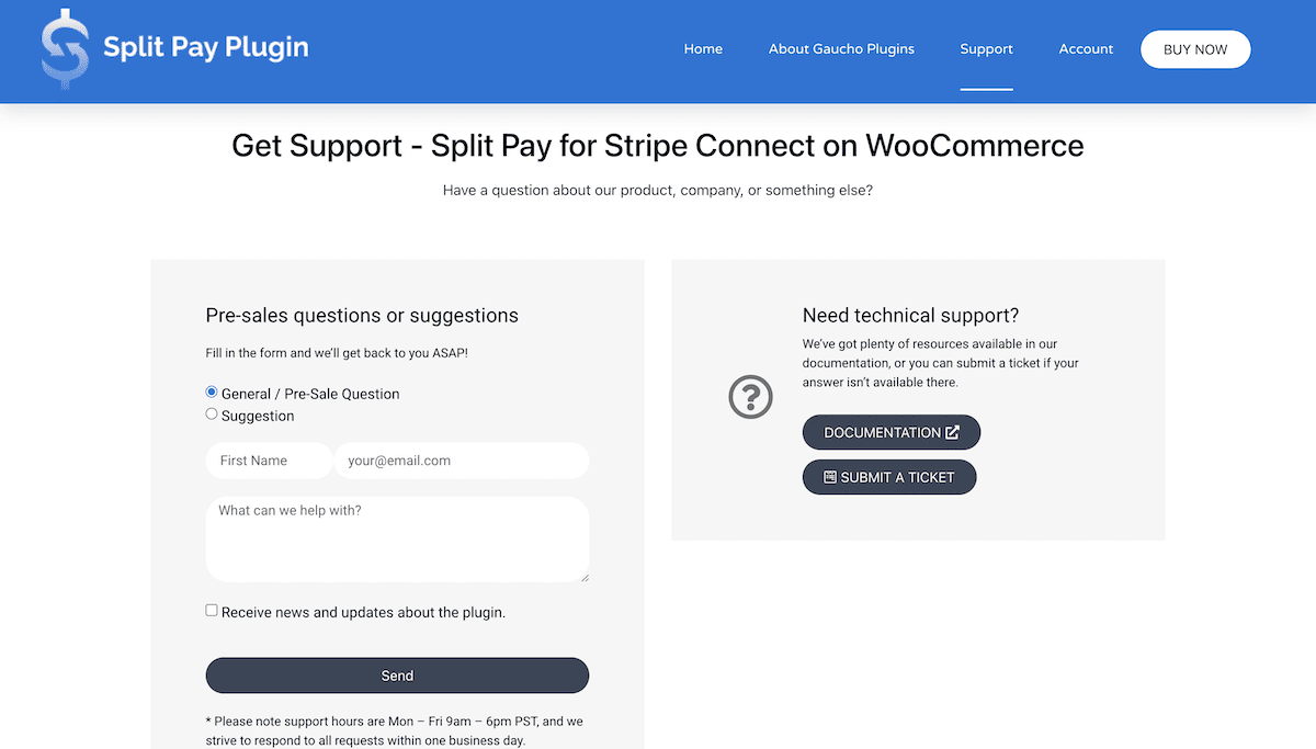 Ekran pomocy technicznej na stronie wtyczki Split Pay.