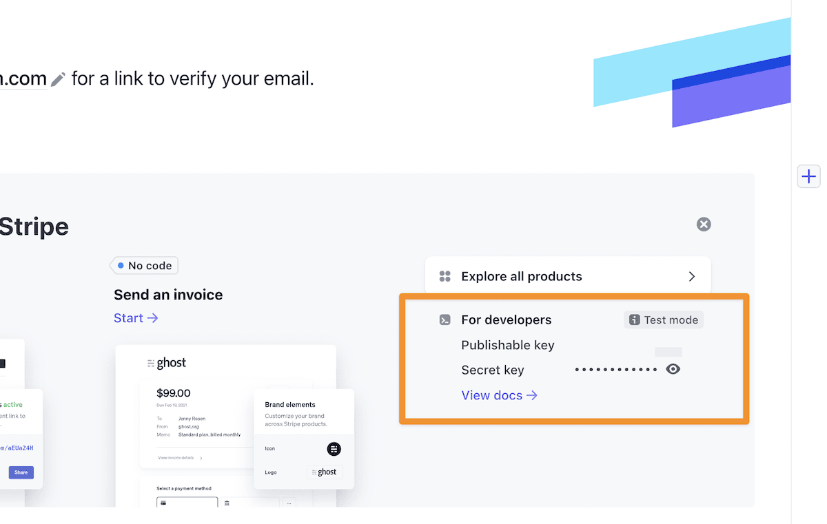 مفاتيح Stripe API على شاشة لوحة المعلومات الخاصة بهذا الموقع.