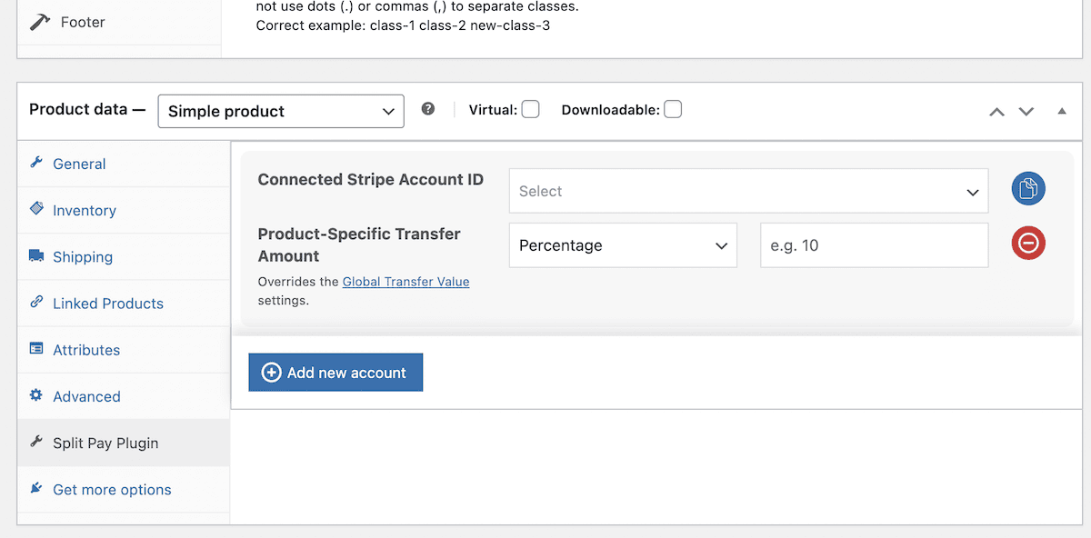 Um metabox do produto WooCommerce que mostra as opções do plugin Split Pay.