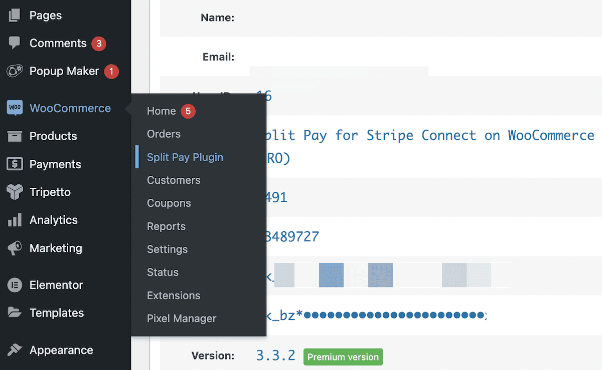 La barra lateral del panel de WordPress que muestra el enlace del complemento Split Pay.