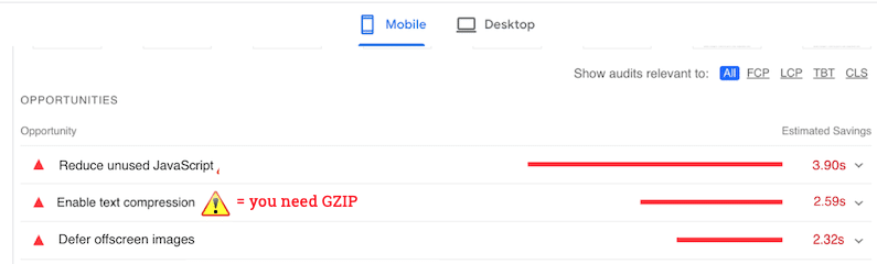 Необходимо сжатие GZIP – Источник: PageSpeed ​​Insights