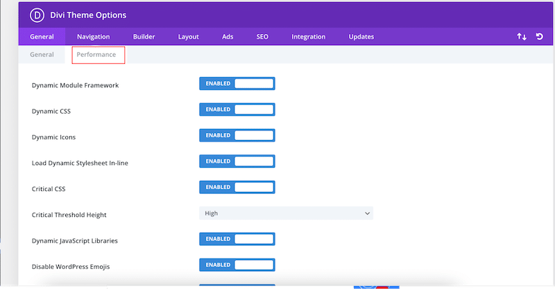 Registerkarte „Leistung“ – Quelle: Divi