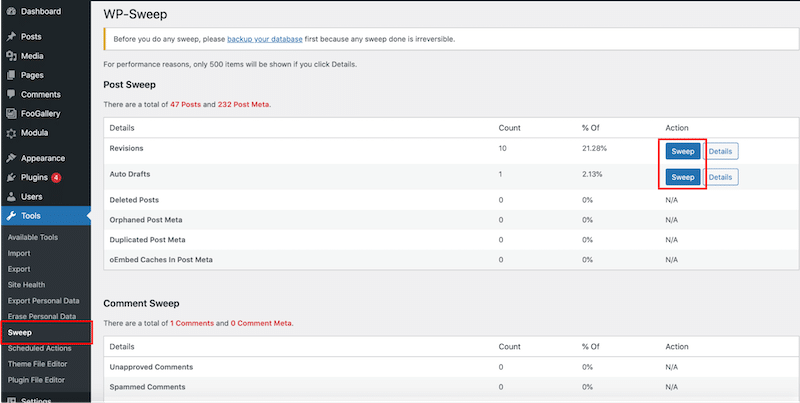 Optimización de la base de datos - Fuente: WP-Sweep