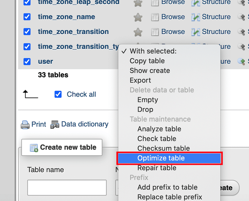 Otimize a tabela manualmente – Fonte: PHPmyAdmin