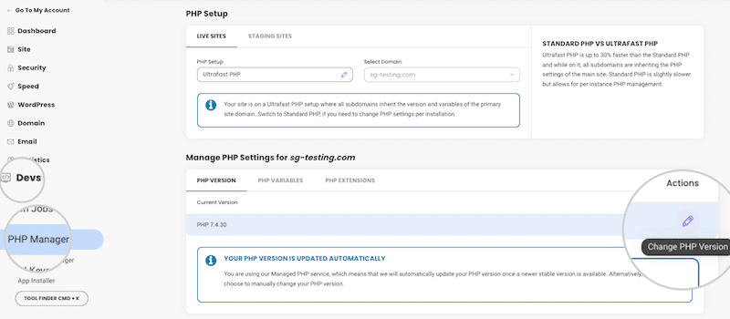 PHP-Version manuell ändern – Quelle: SiteGround