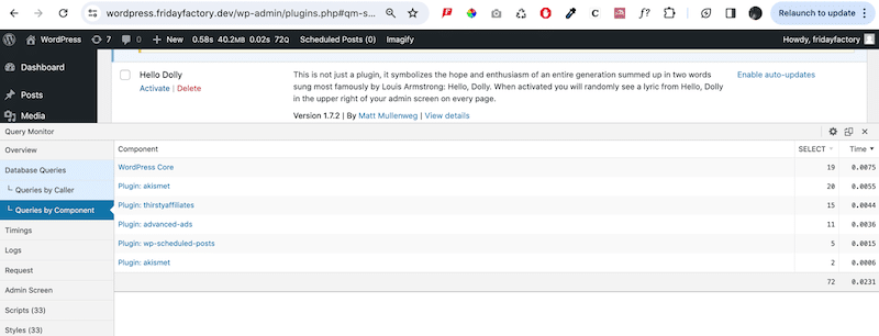 Liste des plugins et colonne horaire (requêtes DB) - Source : Query Monitor